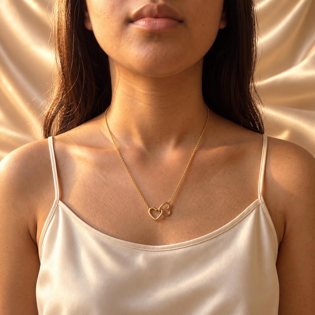 Collier cœurs entrelacés porté – Coffret Rose Éternelle | Paris Lovers