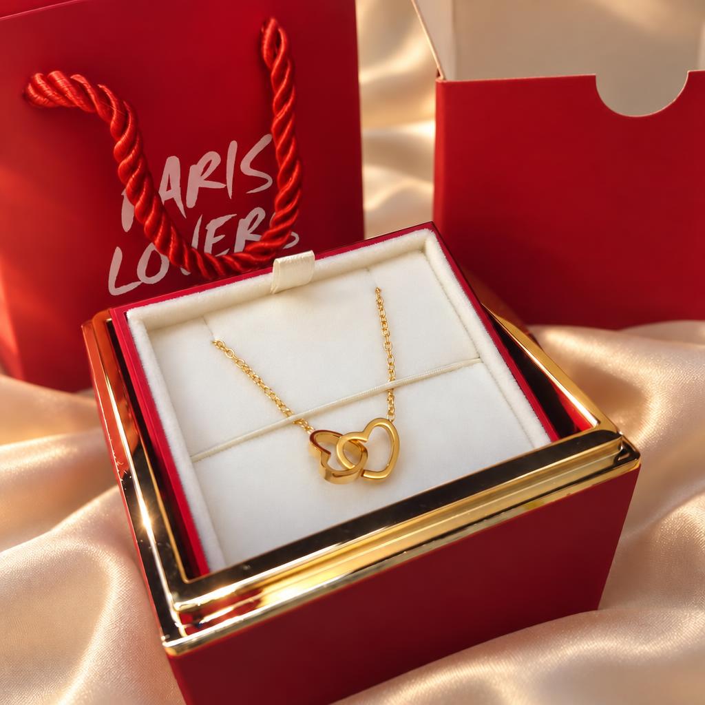 Coffret Rose Éternelle – collier cœurs entrelacés révélé sous la rose | Paris Lovers
