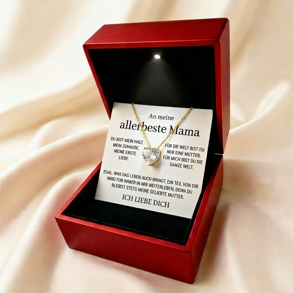 Leuchtende Geschenkbox „An meine allerbeste Mama" · Herzkette mit Karte