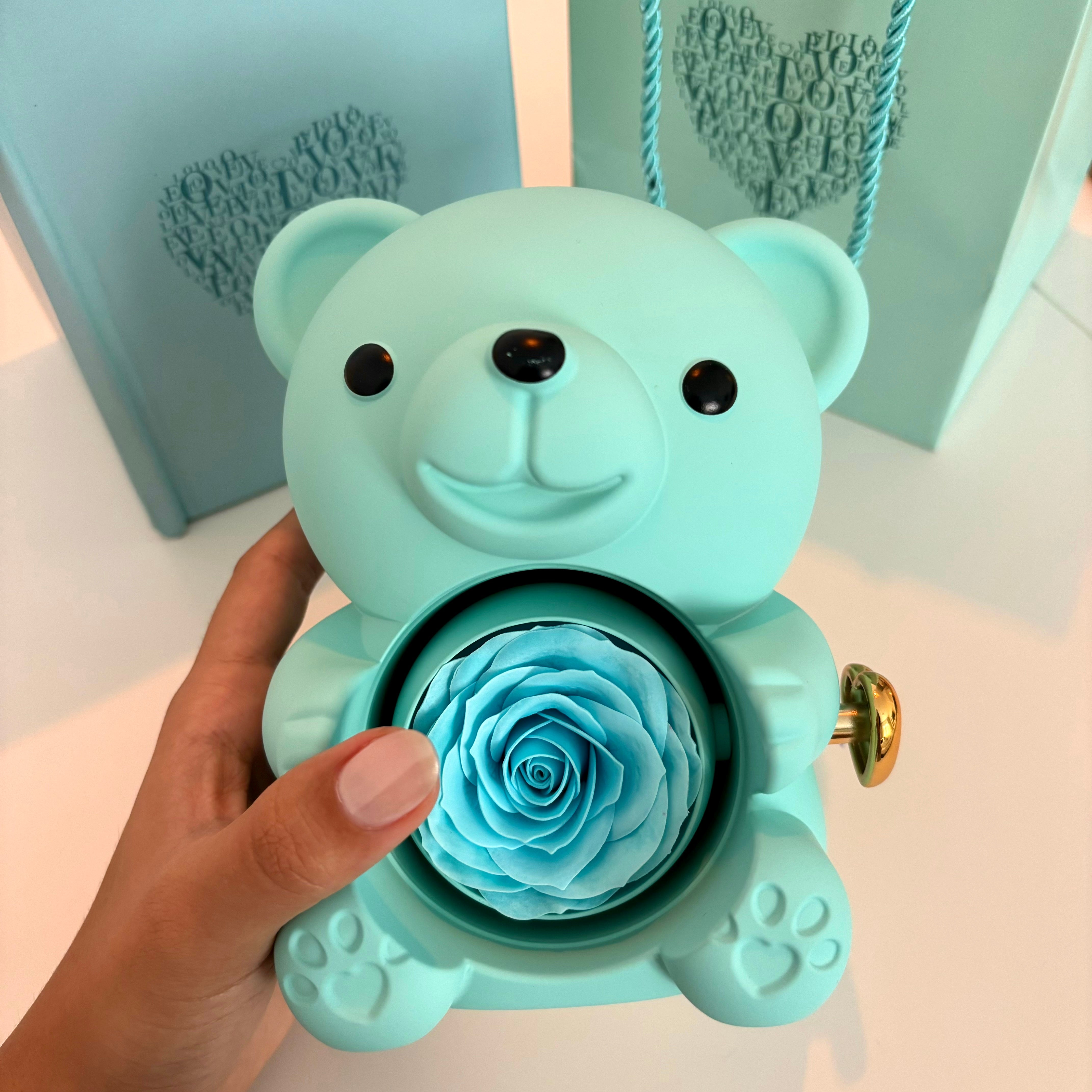 Teddybär-Box mit gravierter Halskette und ewiger Rose