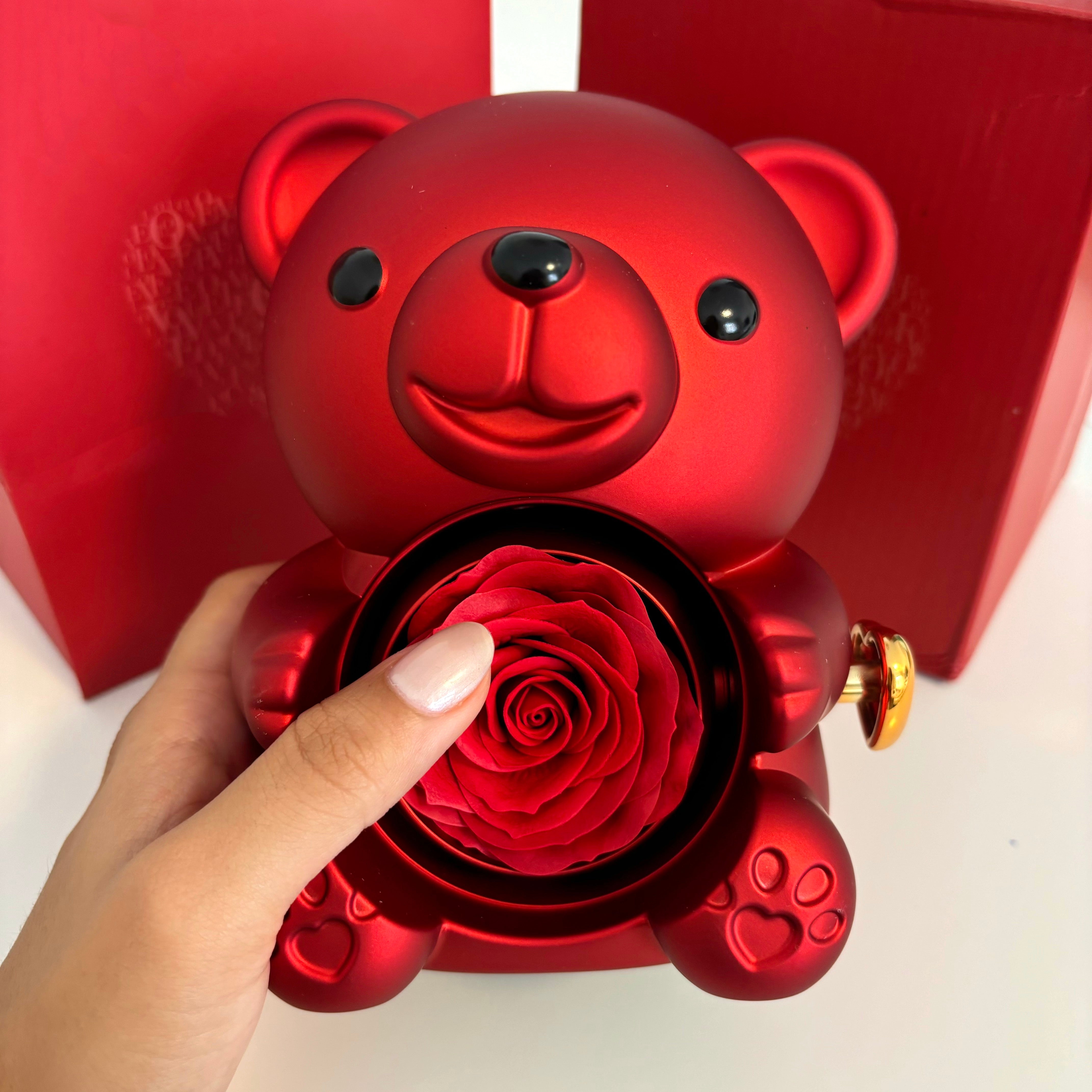 Teddybär-Box mit gravierter Halskette und ewiger Rose