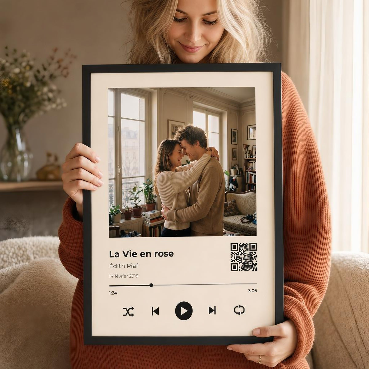 Affiche chanson personnalisée avec photo, titre, artiste et QR code façon lecteur de musique, dans un cadre noir