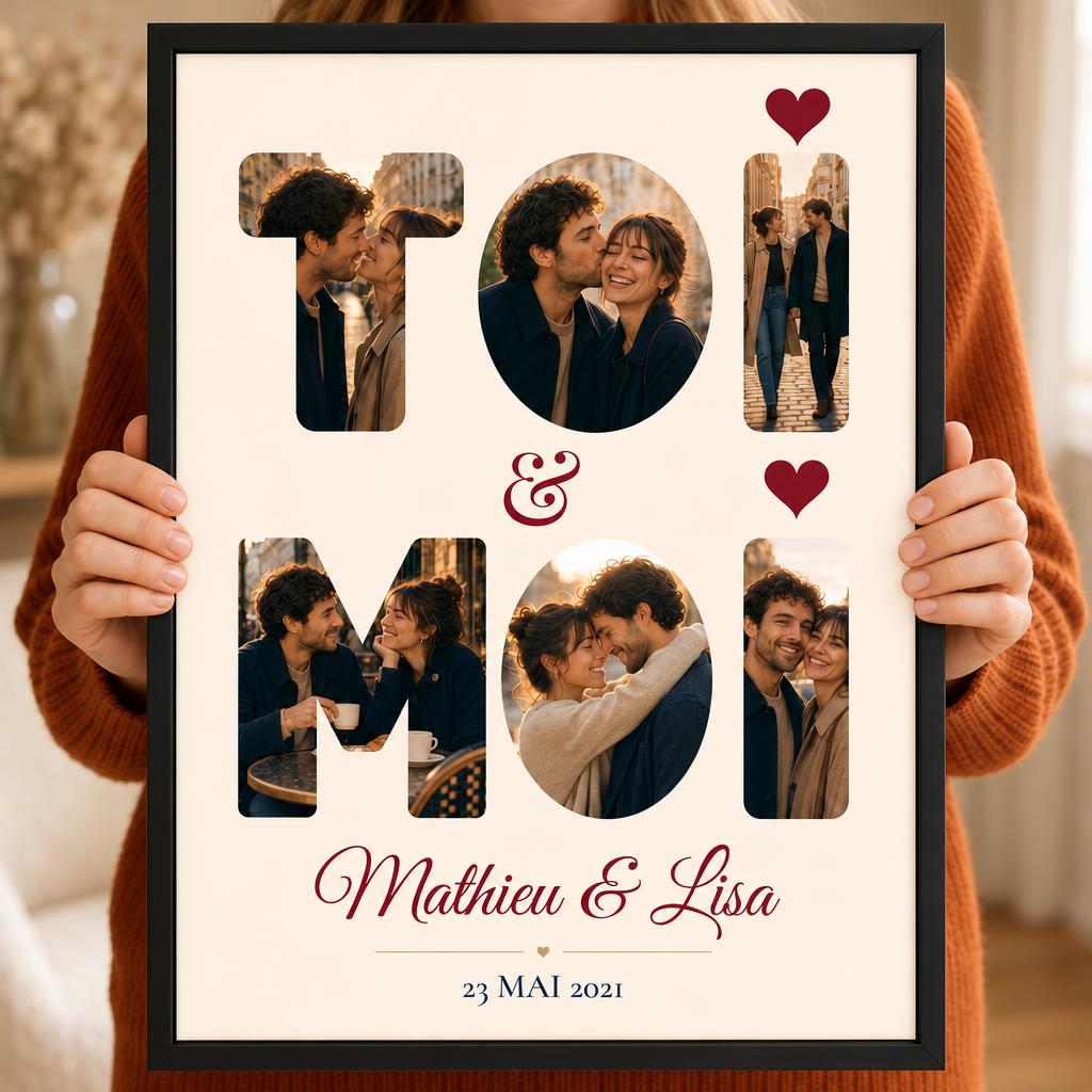 Affiche Toi & Moi personnalisée encadrée avec 6 photos de couple, prénoms et date