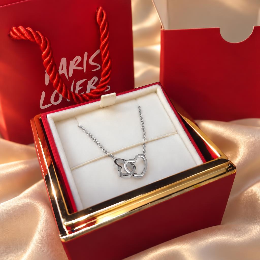 Collier cœurs entrelacés finition argent – Coffret Rose Éternelle | Paris Lovers