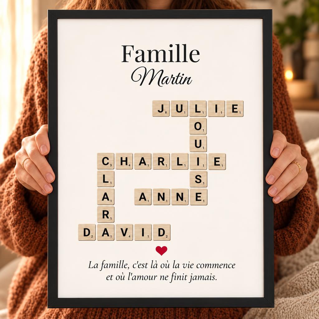 Affiche Scrabble famille personnalisée encadrée avec les prénoms en mots croisés