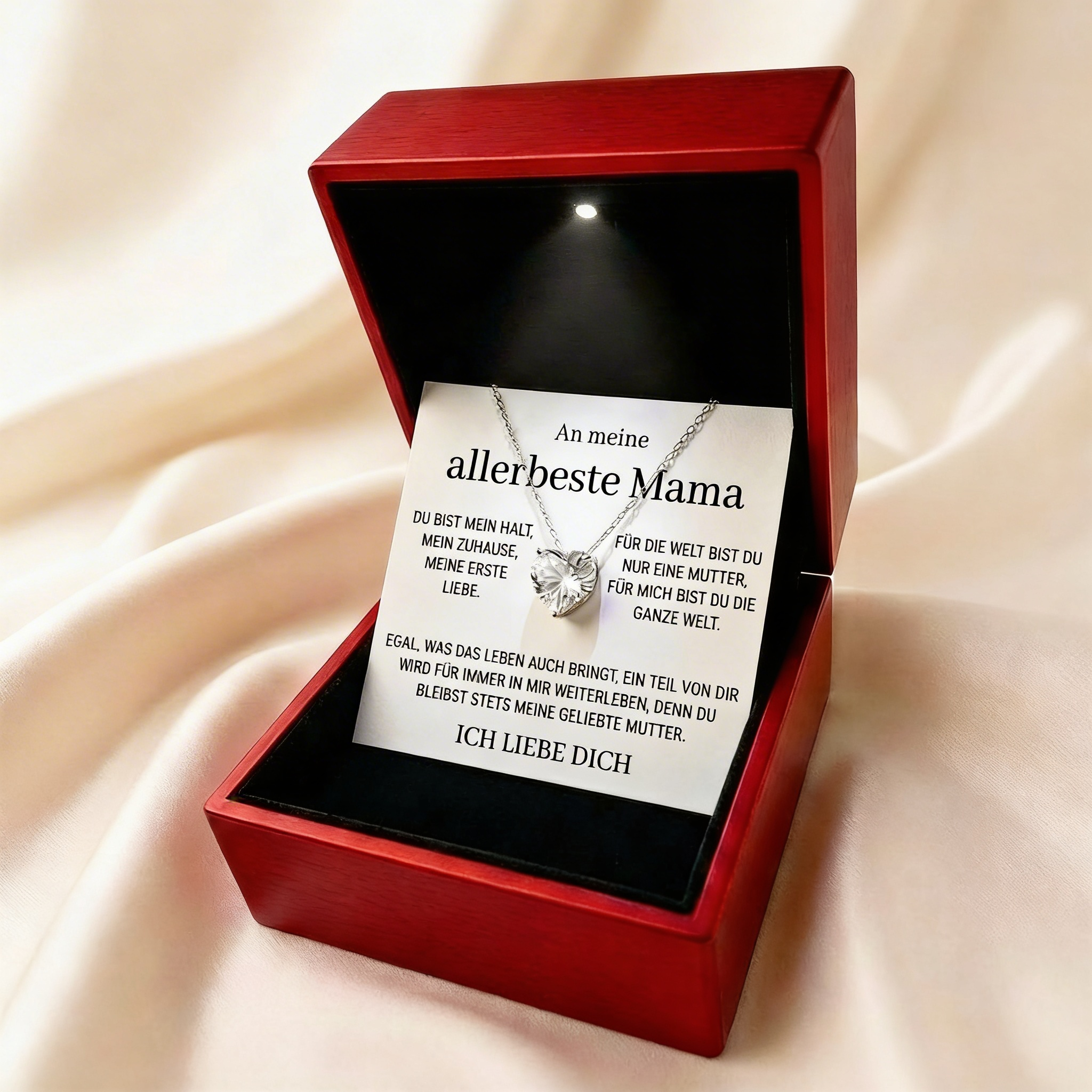 Leuchtende Geschenkbox „An meine allerbeste Mama" · Herzkette mit Karte